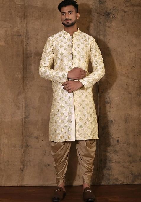 Fawn Embroidered Silk Kurta Set For Men