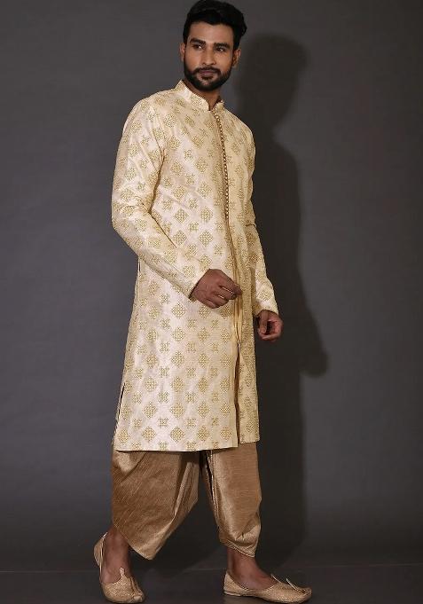 Fawn Embroidered Silk Kurta Set For Men