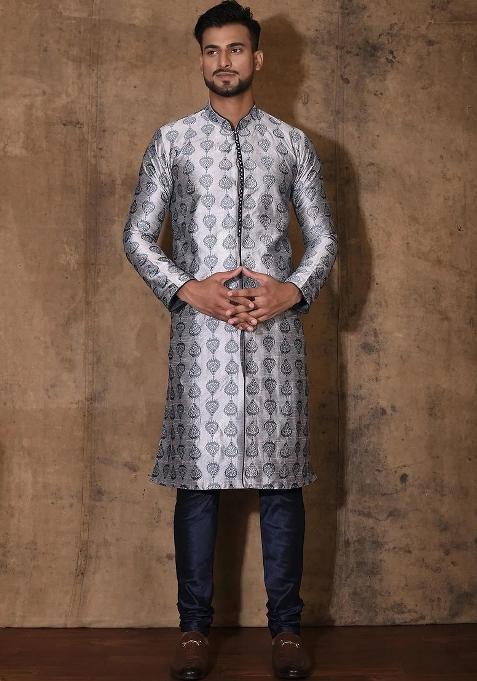 Grey Embroidered Silk Kurta Set For Men