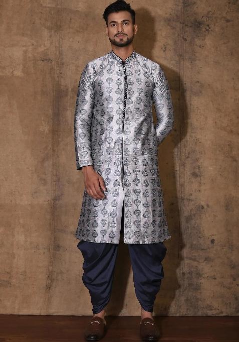 Grey Embroidered Silk Kurta Set For Men