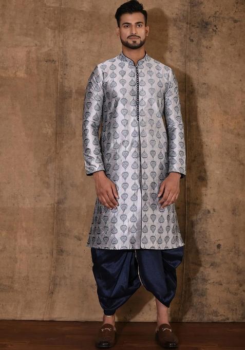 Grey Embroidered Silk Kurta Set For Men