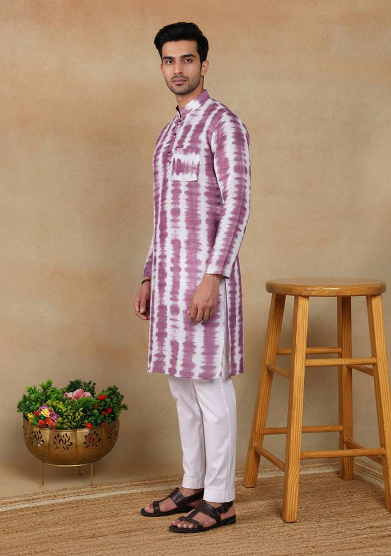 Wine Printed Linen Kurta Pajama For Men - Indya