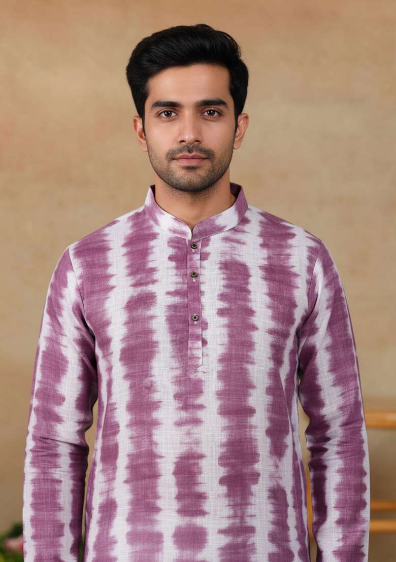 Wine Printed Linen Kurta Pajama For Men - Indya