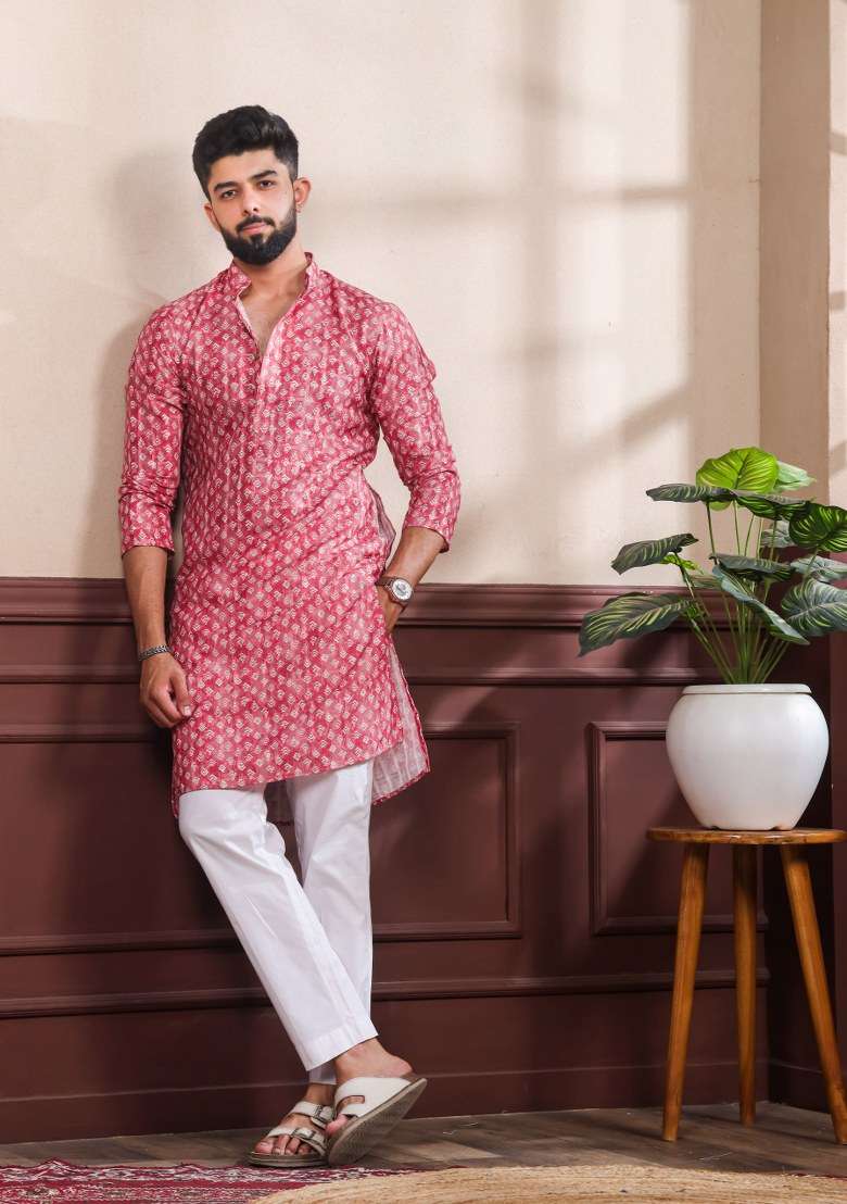 Red Printed Cotton Kurta Pajama For Men - Indya