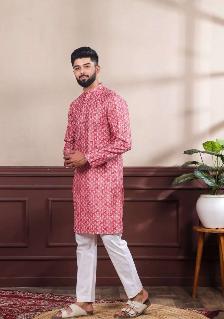 Red Printed Cotton Kurta Pajama For Men - Indya