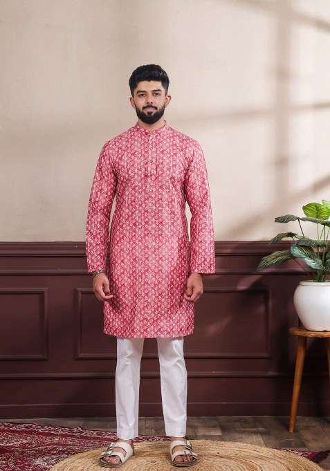 Red Printed Cotton Kurta Pajama For Men