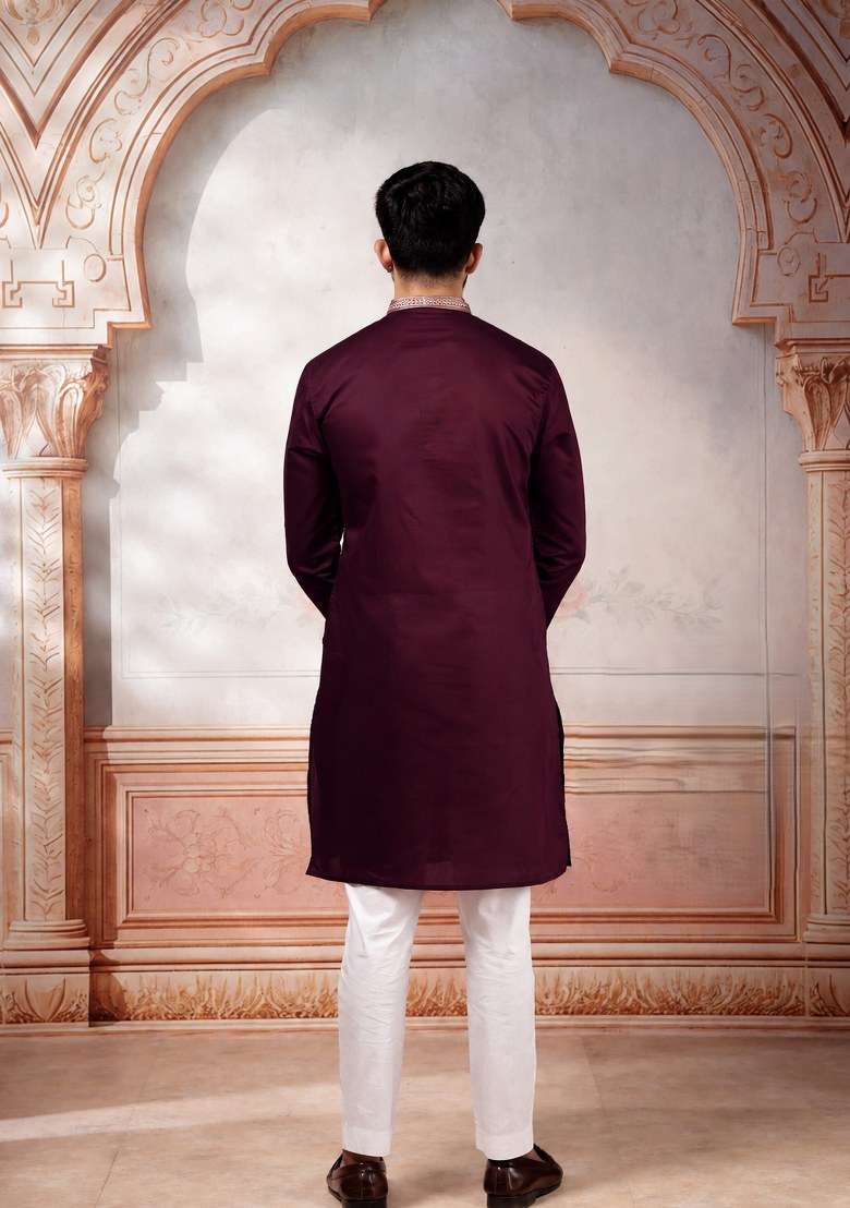 Wine Embroidered Cotton Kurta Pajama For Men - Indya