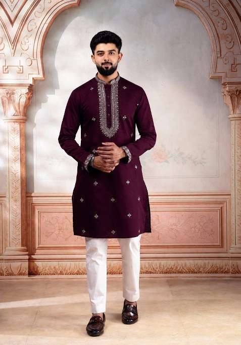 Wine Embroidered Cotton Kurta Pajama For Men