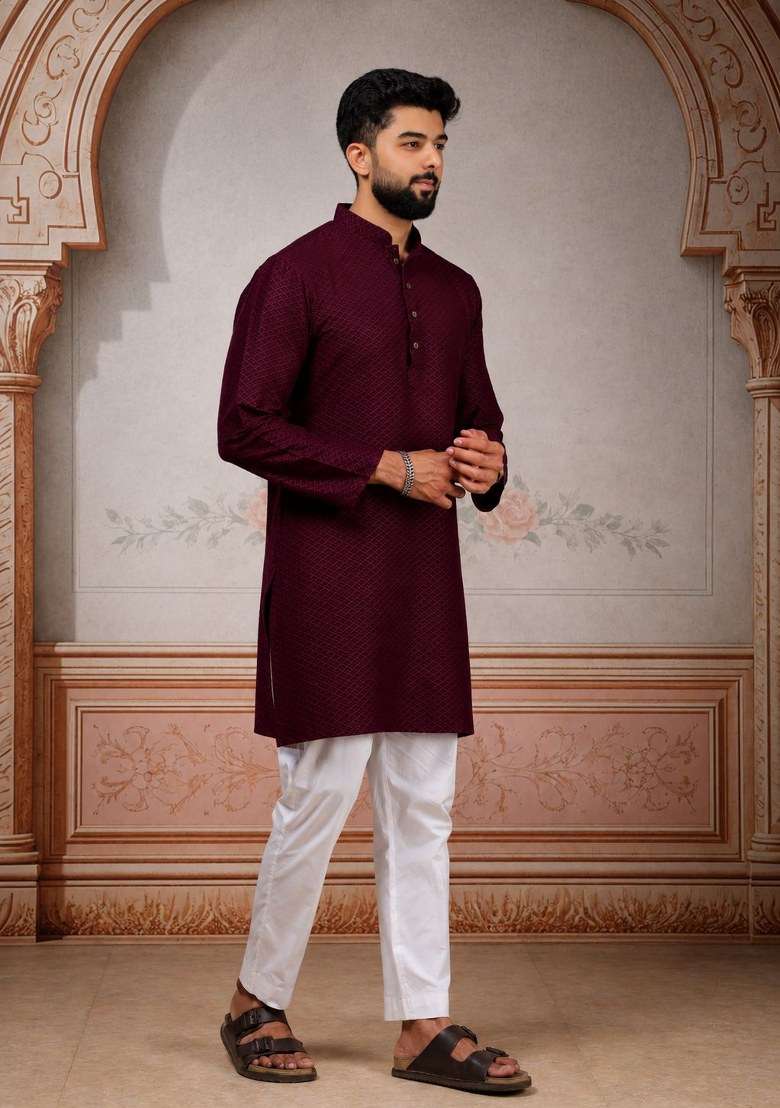 Wine Woven Design Cotton Kurta Pajama For Men - Indya