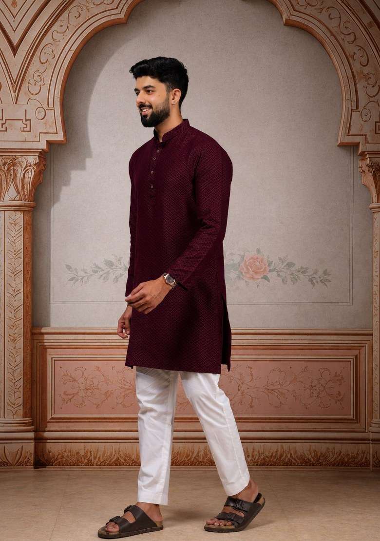 Wine Woven Design Cotton Kurta Pajama For Men - Indya