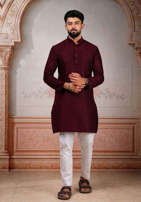 Wine Woven Design Cotton Kurta Pajama For Men