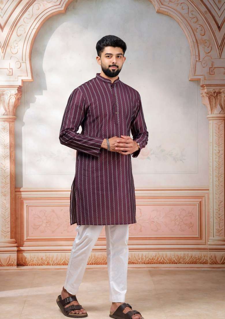 Wine Woven Design Cotton Kurta Pajama For Men - Indya