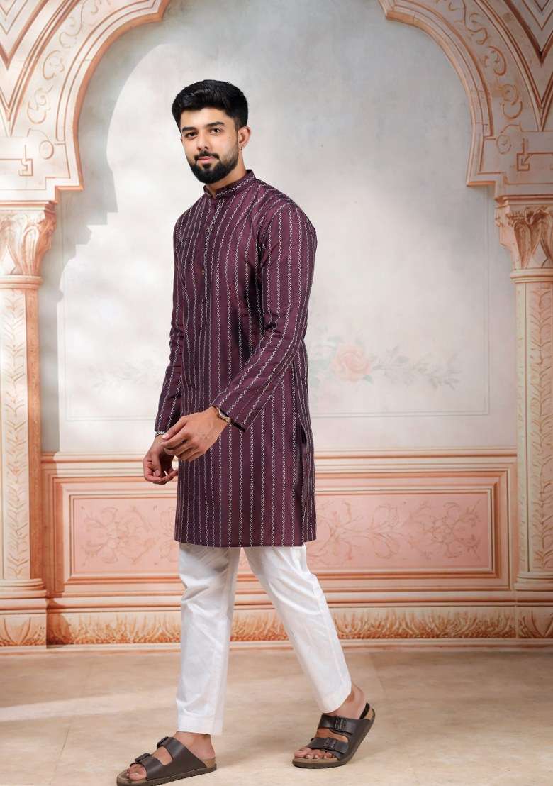 Wine Woven Design Cotton Kurta Pajama For Men - Indya