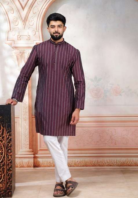 Wine Woven Design Cotton Kurta Pajama For Men