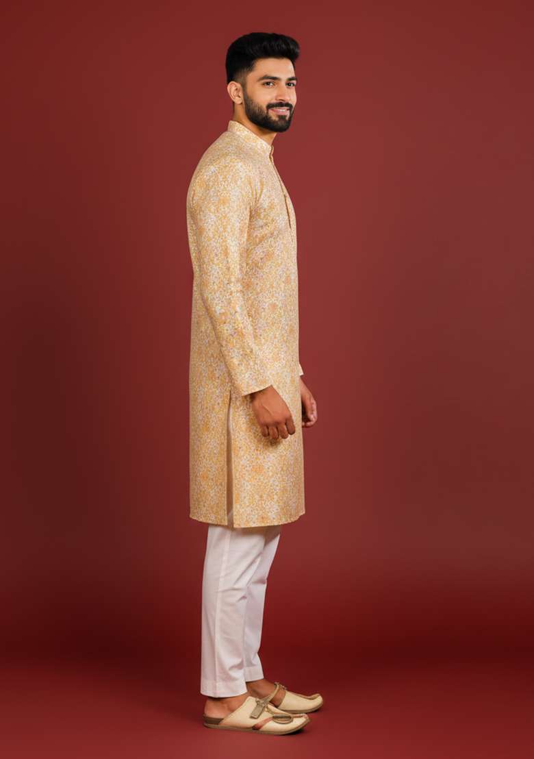 Golden Printed Cotton Kurta Pajama For Men - Indya