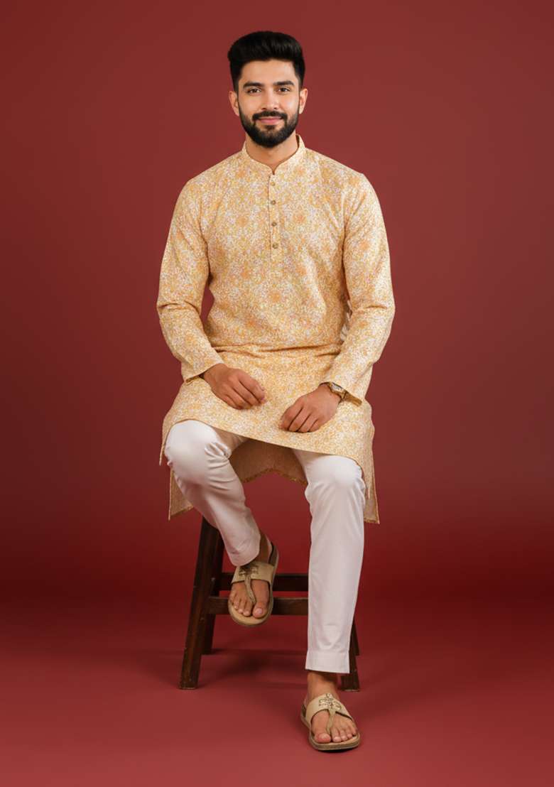 Golden Printed Cotton Kurta Pajama For Men - Indya