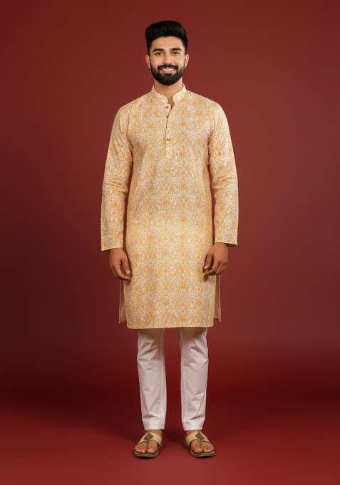 Golden Printed Cotton Kurta Pajama For Men