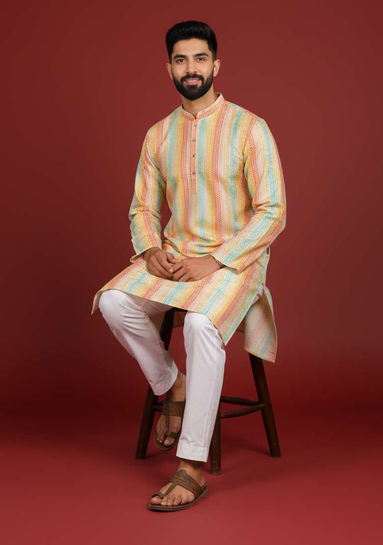 Multicolor Printed Silk Kurta Pajama For Men - Indya