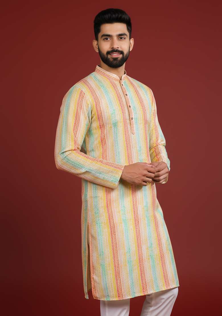 Multicolor Printed Silk Kurta Pajama For Men - Indya