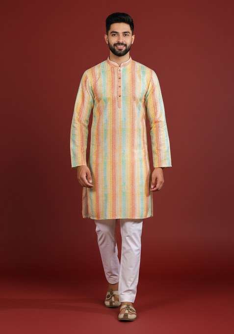 Multicolor Printed Silk Kurta Pajama For Men