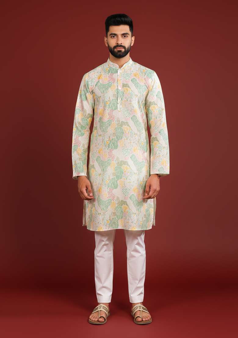 Multicolor Printed Silk Kurta Pajama For Men - Indya