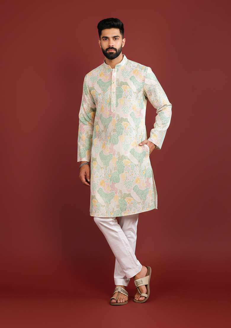 Multicolor Printed Silk Kurta Pajama For Men - Indya