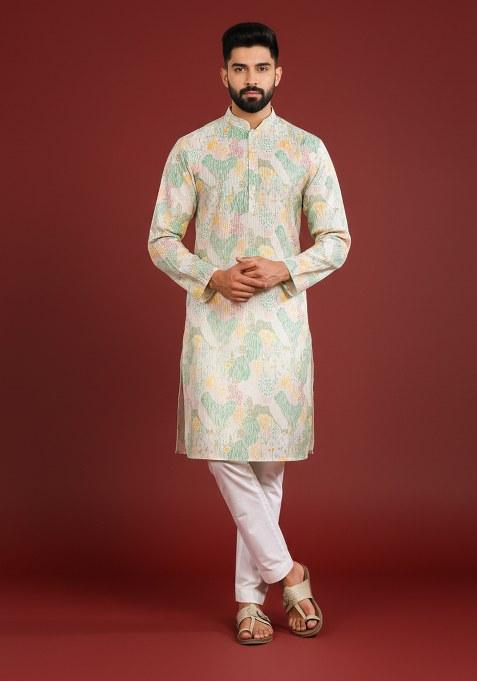 Multicolor Printed Silk Kurta Pajama For Men