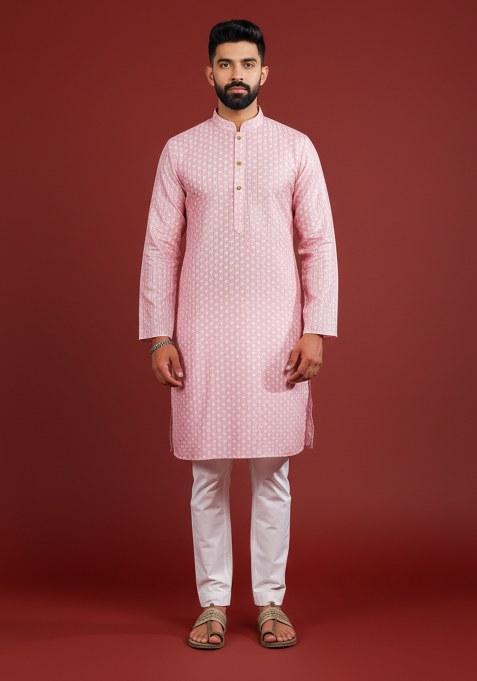 Pink Printed Silk Kurta Pajama For Men