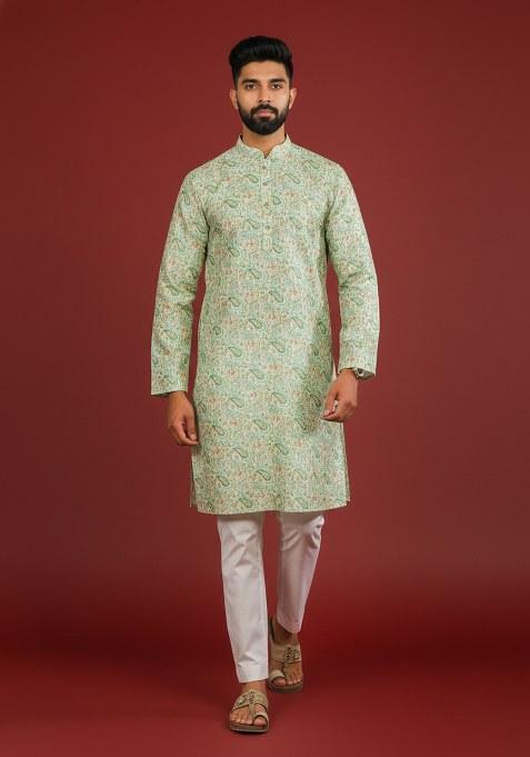 Light Green Printed Silk Kurta Pajama For Men
