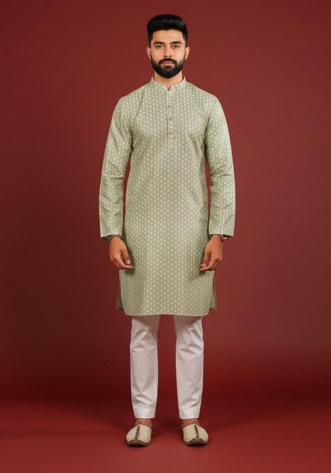 Pista Printed Silk Kurta Pajama For Men