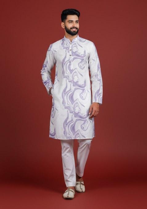 Violet Printed Silk Kurta Pajama For Men