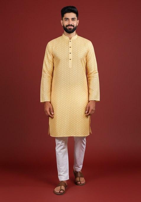 Yellow Printed Silk Kurta Pajama For Men