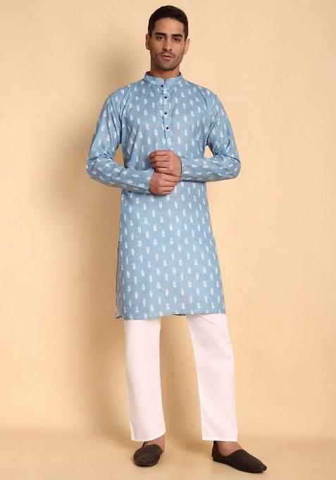 Blue Printed Cotton Kurta Pajama For Men
