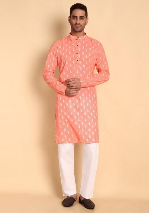 Peach Printed Cotton Kurta Pajama For Men