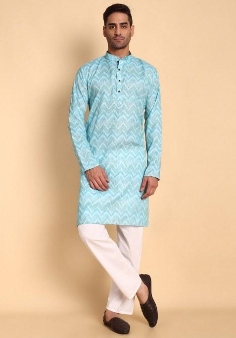 Blue Printed Cotton Kurta Pajama For Men