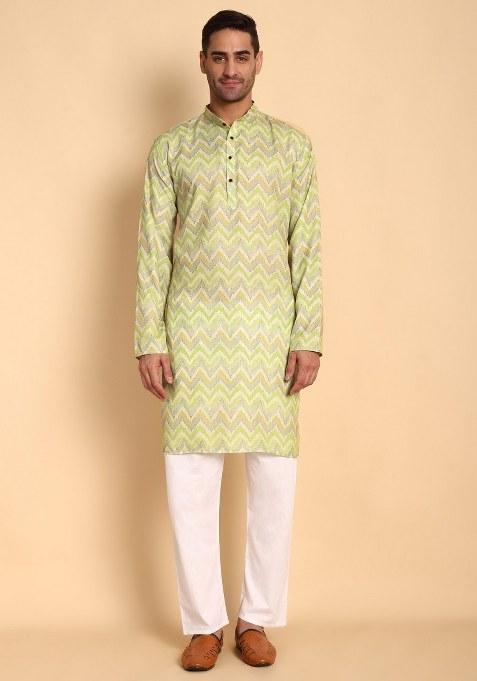 Green Printed Cotton Kurta Pajama For Men