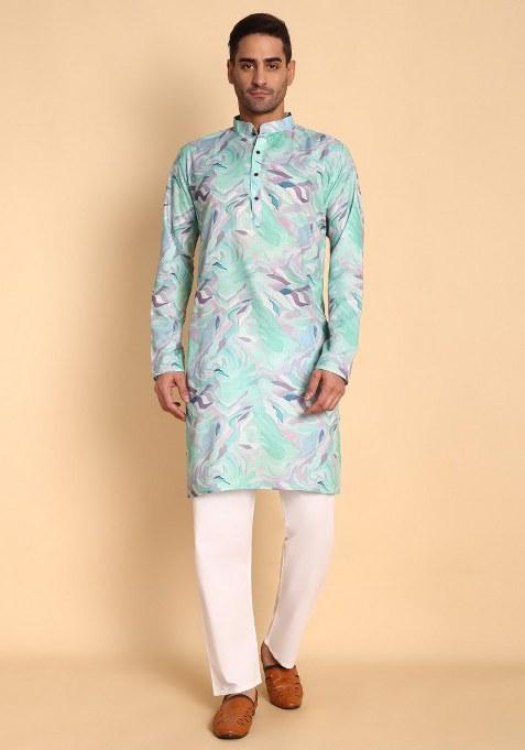 Blue Printed Cotton Kurta Pajama For Men