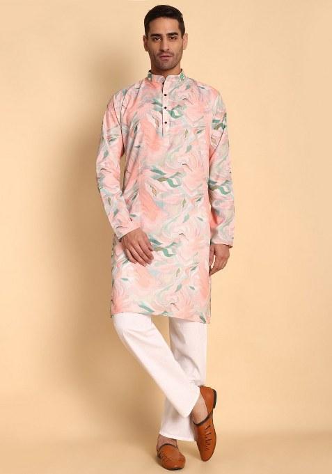 Pink Printed Cotton Kurta Pajama For Men