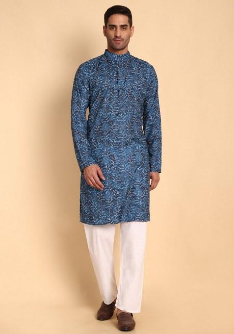 Blue Printed Cotton Kurta Pajama For Men