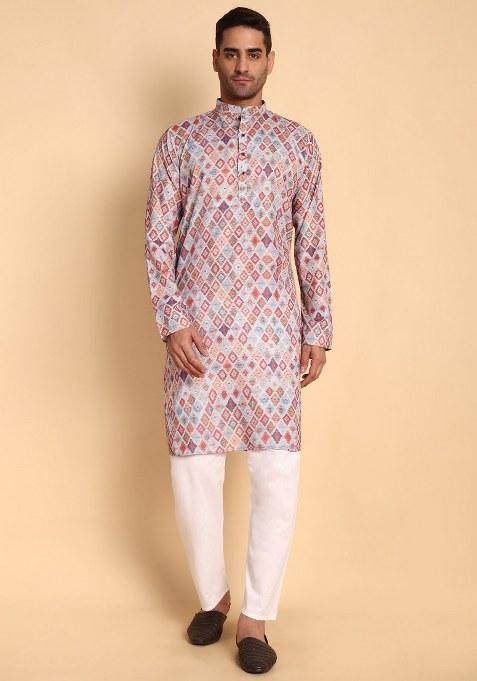 Grey Printed Cotton Kurta Pajama For Men