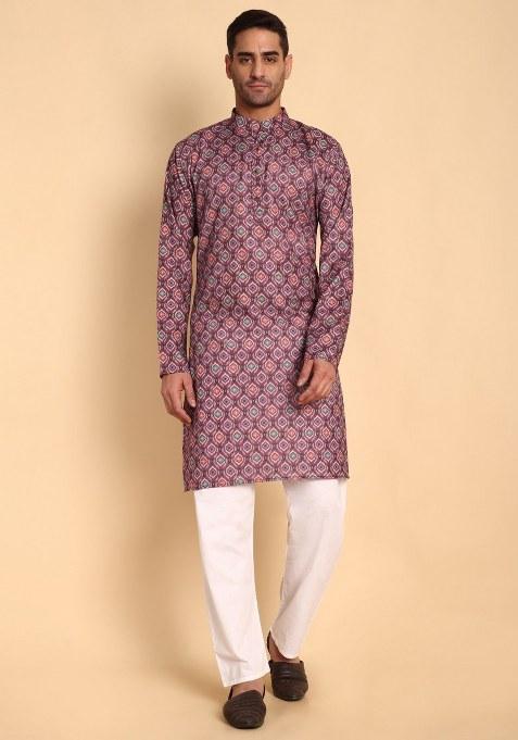 Maroon Printed Cotton Kurta Pajama For Men