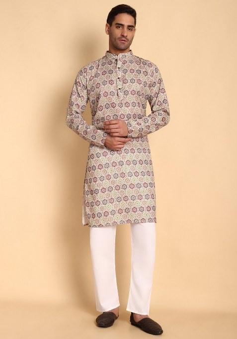Beige Printed Cotton Kurta Pajama For Men