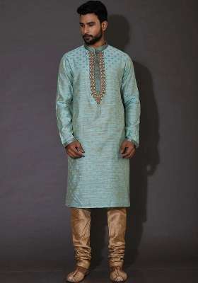 Sky Blue Handwork Silk Kurta Set For Men