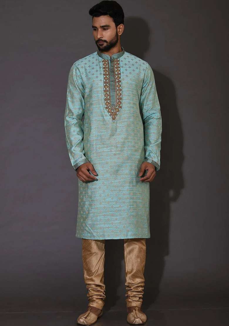 Sky Blue Handwork Silk Kurta Set For Men - Indya