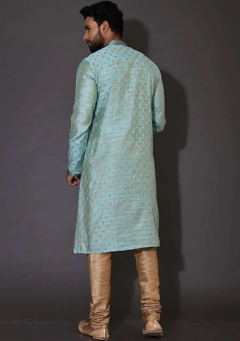 Sky Blue Handwork Silk Kurta Set For Men - Indya