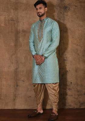 Sky Blue Handwork Silk Kurta Set For Men