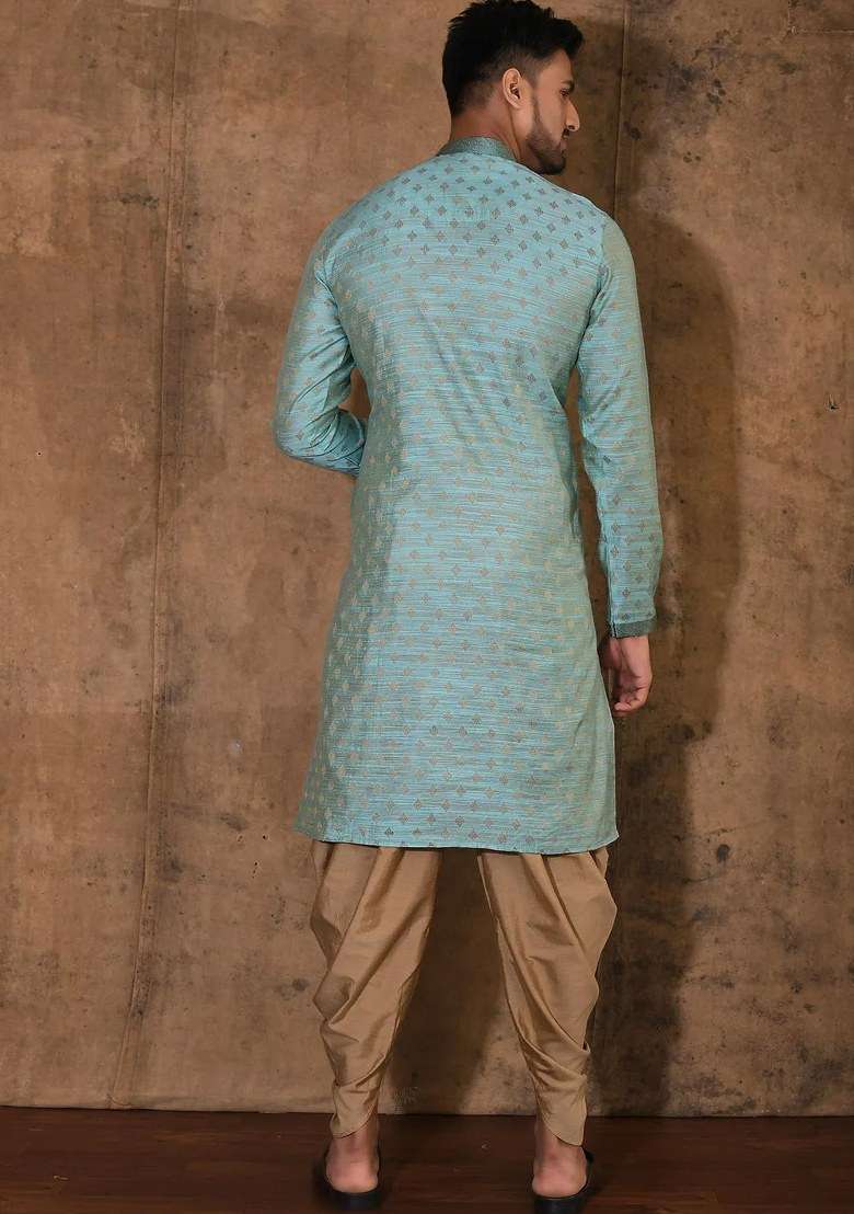 Sky Blue Handwork Silk Kurta Set For Men - Indya