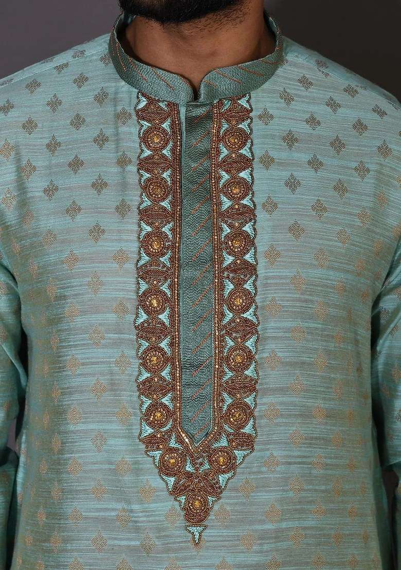 Sky Blue Handwork Silk Kurta Set For Men - Indya