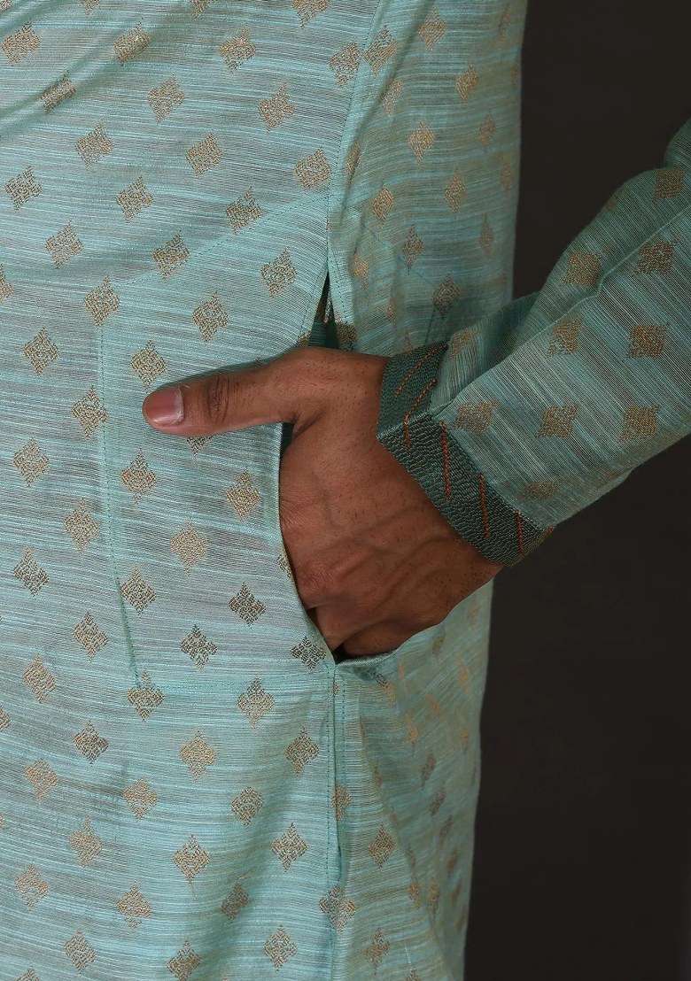 Sky Blue Handwork Silk Kurta Set For Men - Indya