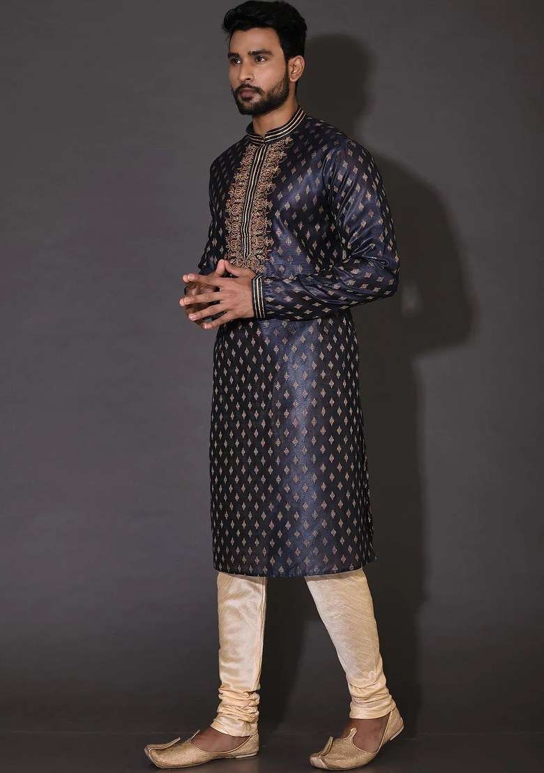 Navy Blue Handwork Silk Kurta Set For Men - Indya